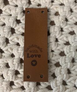 Leren label | Rechthoek 15x3 cm | Handmade with love - Cognac